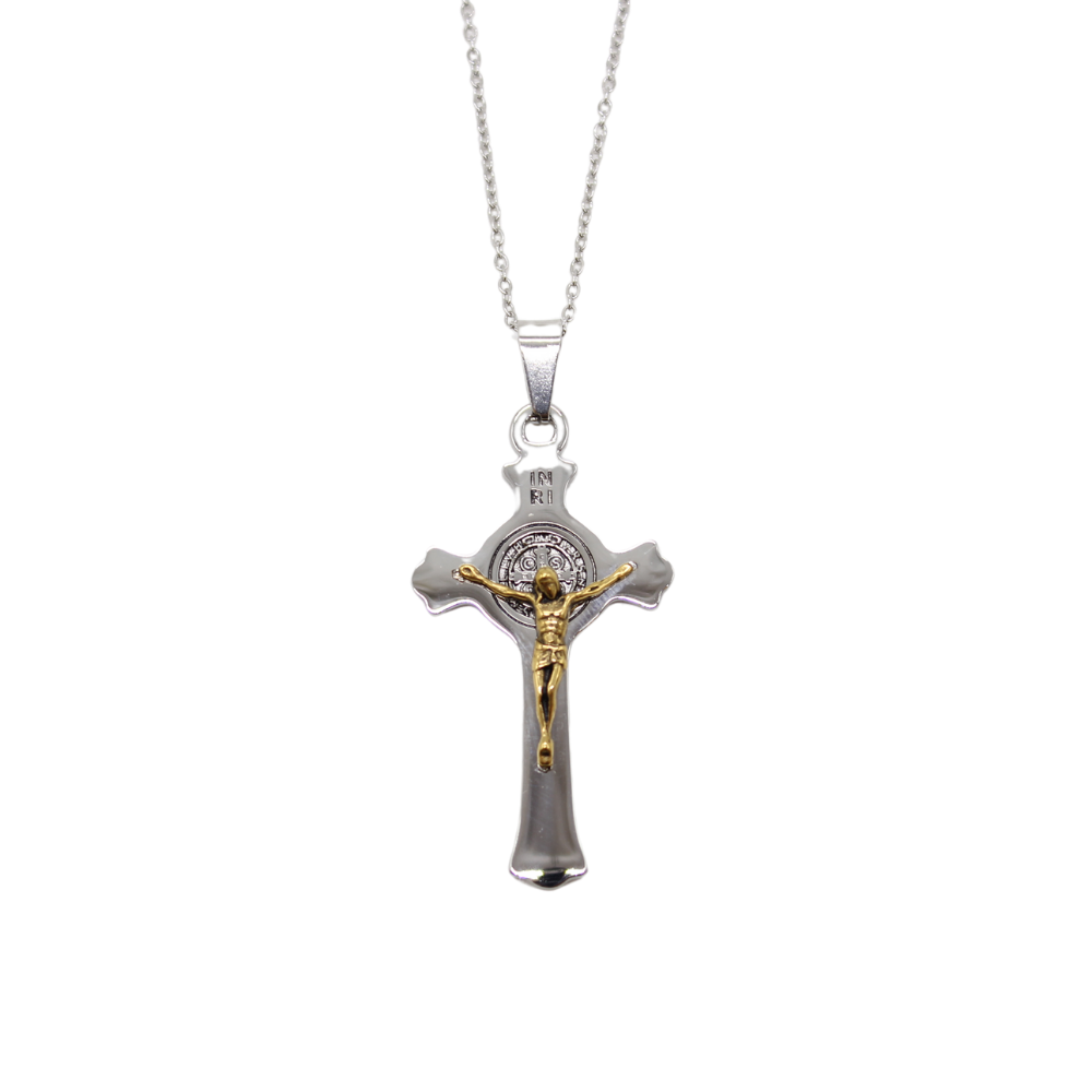 Stainless Steel St Benedict Crucifix/Chain - Silver /Gold corpus (6cm)