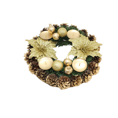 Christmas Advent Wreath 12" (Gold Poinsettias) + 4 Advent Candles (FOC Christmas Candle)