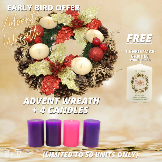 (EARLY BIRD OFFER) Christmas Advent Wreath 12" + 4 Advent Candles (Gold Red Ponsettas)