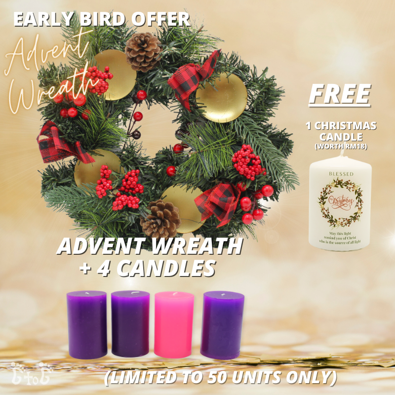 (EARLY BIRD OFFER) Christmas Advent Wreath 13" (Red Pinecones berries) + 4 Advent Candles (FOC Christmas Candle)