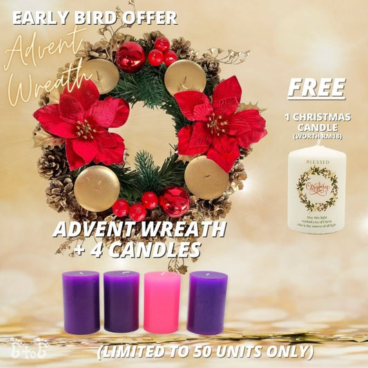 (EARLY BIRD OFFER) Christmas Advent Wreath 11" + 4 Advent Candles (Red Poinsettias)