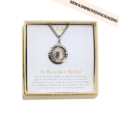 Stainless Steel St Benedict Medal/Chain set - Silver/Gold