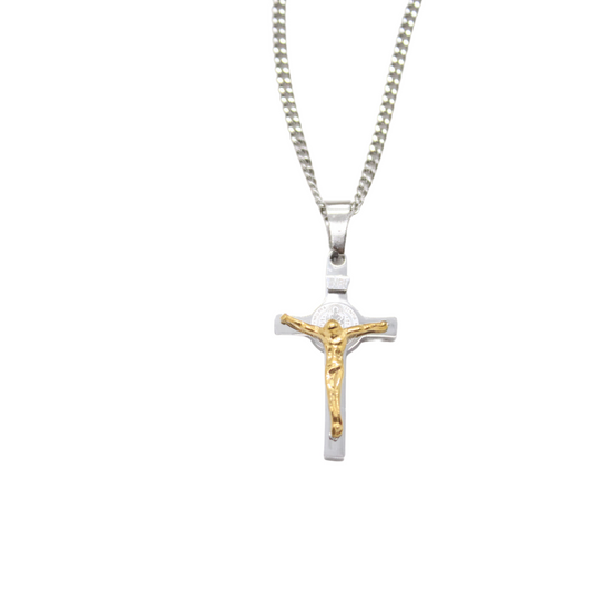 Stainless Steel St Benedict Crucifix/Chain - Gold/Silver (small)