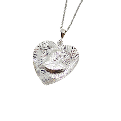 Silver Mother Mary Heart Shape Pendant/Chain Set