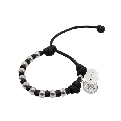 Stainless Steel Beads /Paracord Rosary Bracelet - Silver/Black Cord (Personalisation Available)