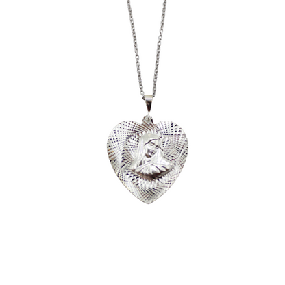 Silver Mother Mary Heart Shape Pendant/Chain Set