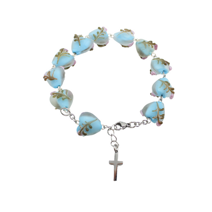 Glass Heart Shape Roses Rosary Bracelet