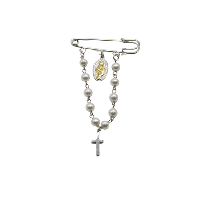 Baby Rosary Brooch/Miraculous Medal (Swaroski Pearl White/Pearl Pink)